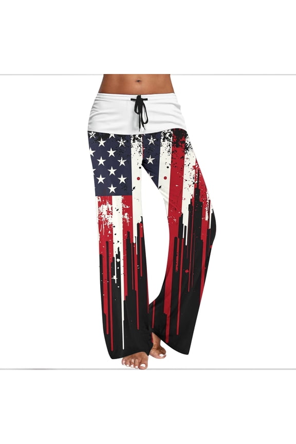 Ameican Flag Trouser Women's Mid Rise Straight Leg Pant 4th of July Holiday Pants Stars and Stripes Graphic Trousers Loose Fit Slacks Drawstrings Bottoms