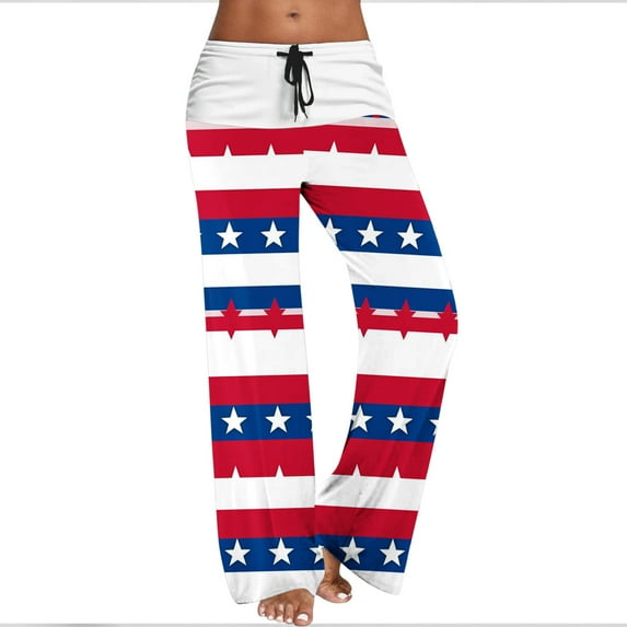 Ameican Flag Trouser Women's Mid Rise Straight Leg Pant 4th of July Holiday Pants Stars and Stripes Graphic Trousers Loose Fit Slacks Drawstrings Bottoms