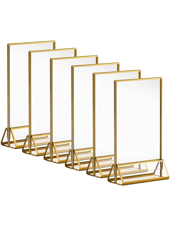 6 Pack 5 x 7 Clear Acrylic Wedding Table Number Holder Stands with Gold Borders, Double Sided Gold Picture Frames Sign Holder
