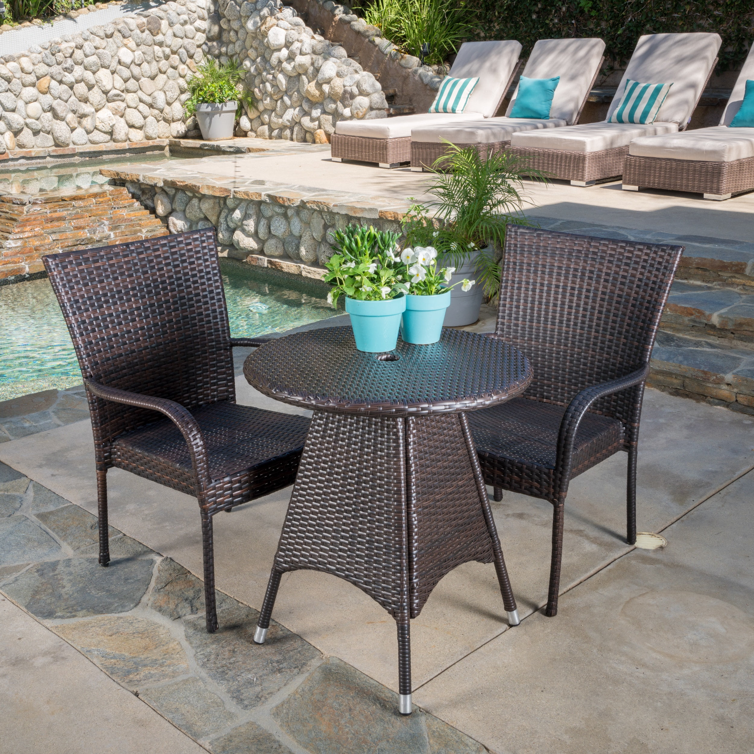 Noble House Outdoor Wicker Bistro Sets 3 Piece, Multibrown