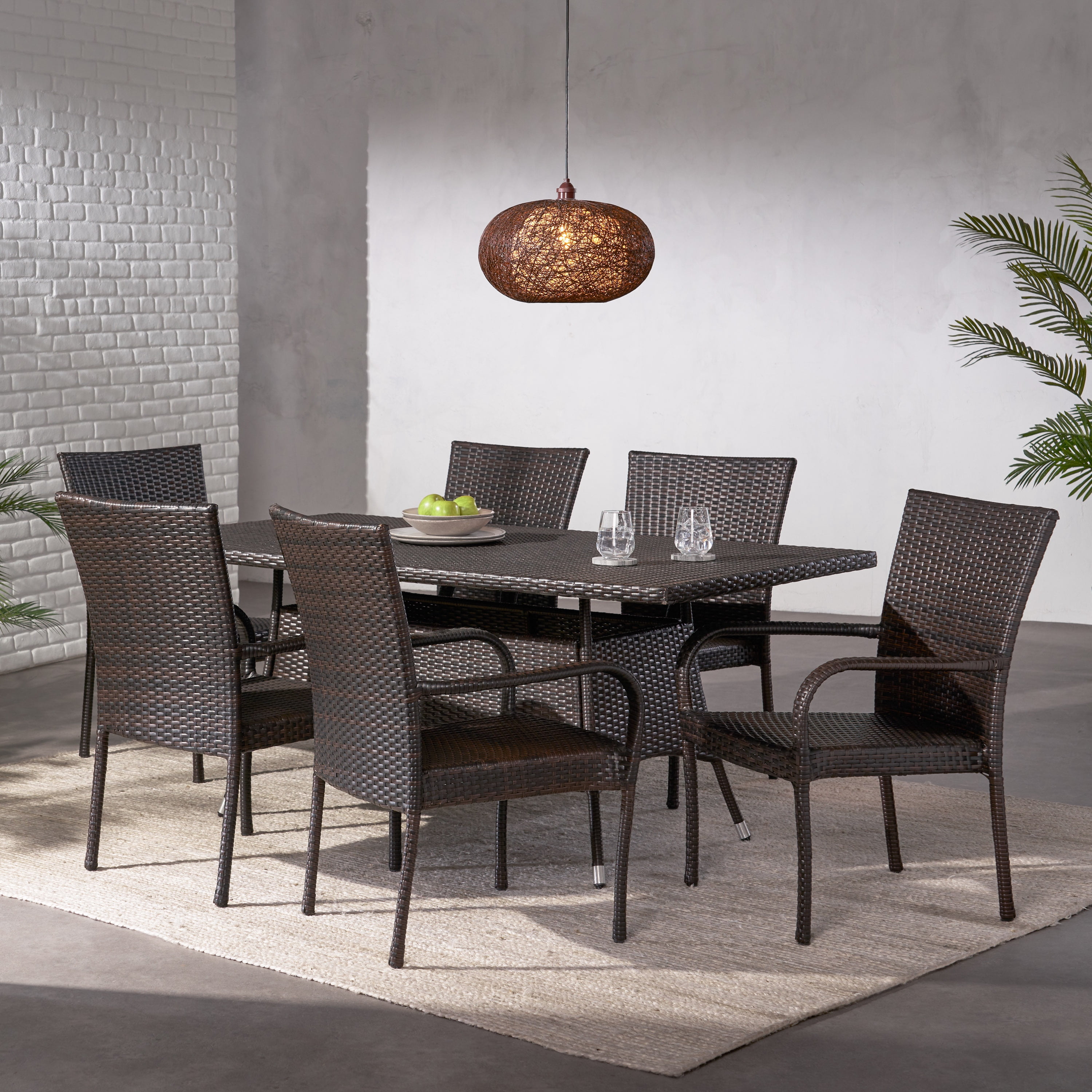 Amelia 7 Piece Outdoor Rectangular Wicker Dining Set, Multibrown