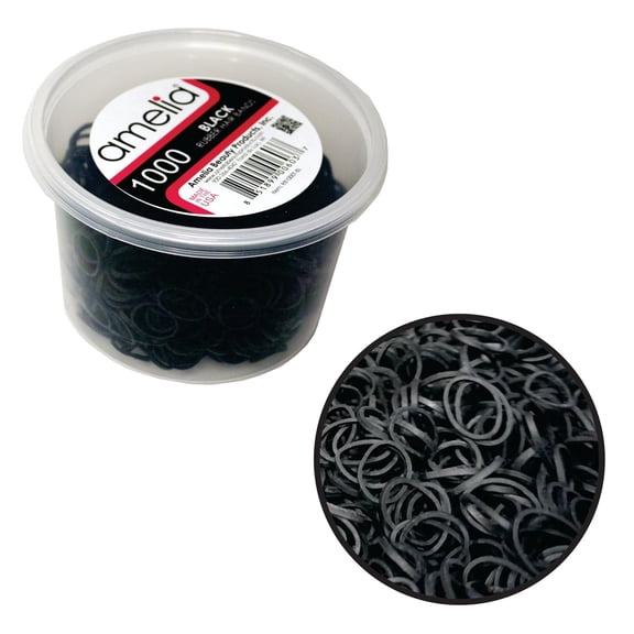 Amelia Beauty | 1000 Count 1/2" Rubber Bands | Premium US Made Rubber Hair Ties | Ideal for Ponytails, Braids & Beards | Strong All Day Hold | Convenient Re-closable Container | Black