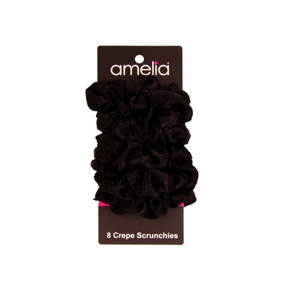 Amelia Beauty | 3in Black Crepe Scrunchies | Soft, Gentle and Strong Hold | No Snag, No Dents or Creases | 8 Pack