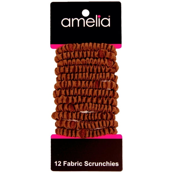Amelia Beauty, Brown Skinny Jersey Scrunchies, 2.125in Diameter, Gentle on Hair, Strong Hold, No Snag, No Dents or Creases. 12 Pack