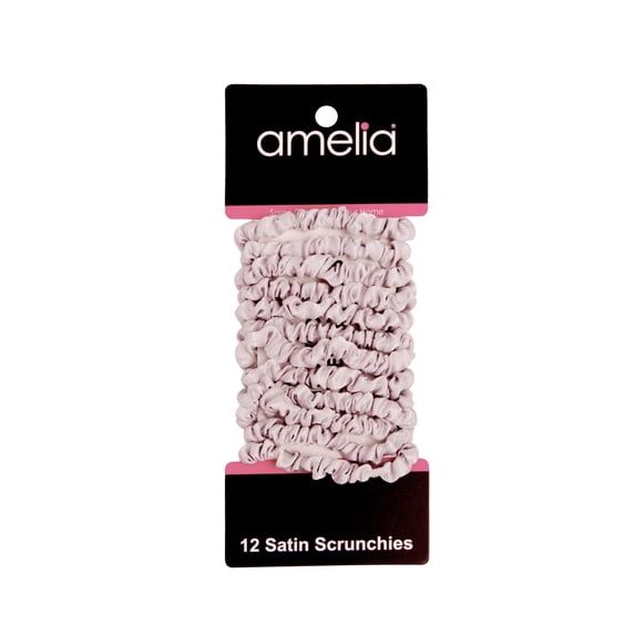 Amelia Beauty, Grey Skinny Satin Scrunchies, 2in Diameter, Gentle and Strong Hold, No Snag, No Dents or Creases. 12 Pack