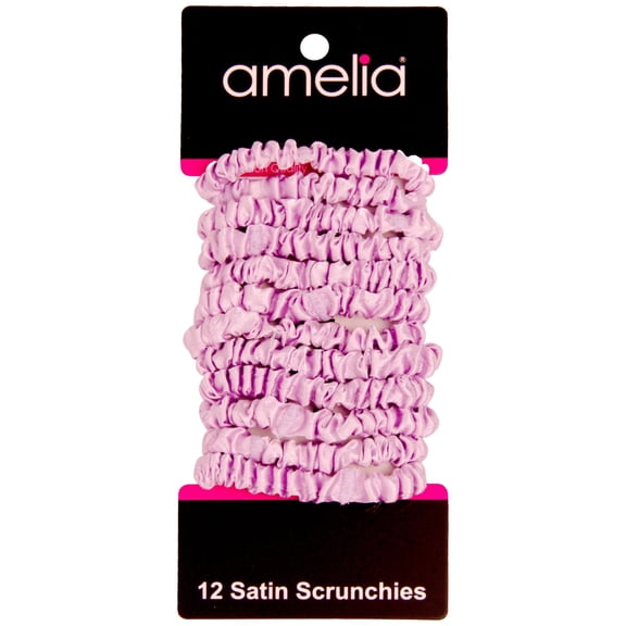 Amelia Beauty, Pink Skinny Satin Scrunchies, 2in Diameter, Gentle and Strong Hold, No Snag, No Dents or Creases. 12 Pack