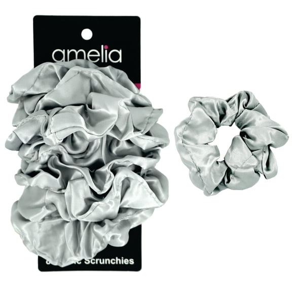 Amelia Beauty Products, Gray Scrunchies, 3.5in Diameter, Gentle on Hair, Strong Hold, No Snag, No Dents or Creases. 8 Pack