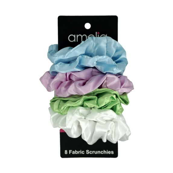 Amelia Beauty Products, Light Blue, Pink, Lime and White Mix Scrunchies, 3.5in Diameter, Gentle on Hair, Strong Hold, No Snag, No Dents or Creases. 8 Pack