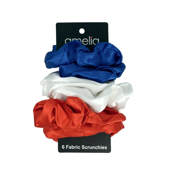 Amelia Beauty Products, Red, White and Blue Mix Imitation Silk Scrunchies, 4.5in Diameter, Gentle on Hair, Strong Hold, No Snag, No Dents or Creases. 6 Pack