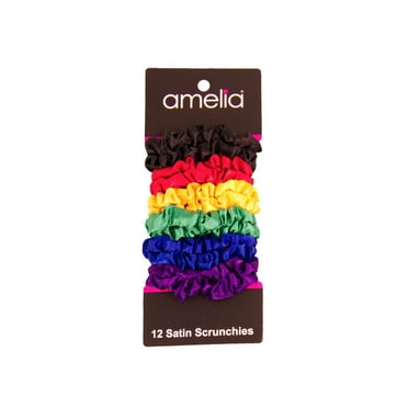 Amelia Beauty, Rainbow Colors Satin Scrunchies, 2.25in Diameter, Gentle on Hair, Strong Hold, No Snag, No Dents or Creases. 12 Pack
