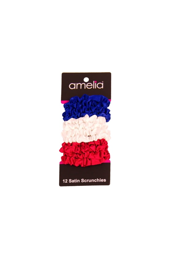 , Red, White and Blue Satin Scrunchies, 2.25in Diameter, Gentle on Hair, Strong Hold, No Snag, No Dents or Creases. 12 Pack