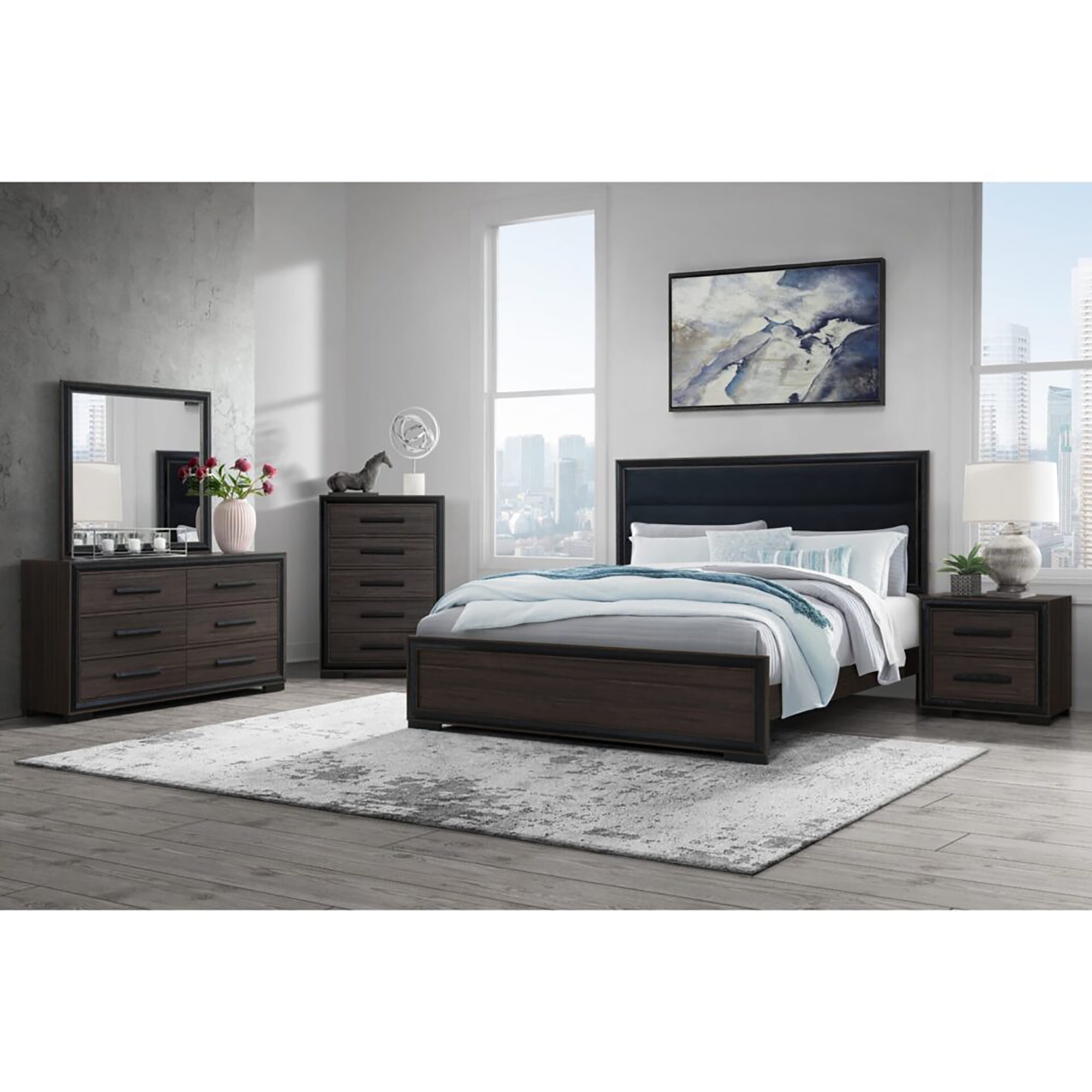 Amelia Queen Dark Brown 5-Piece Bedroom Set with Black Trim