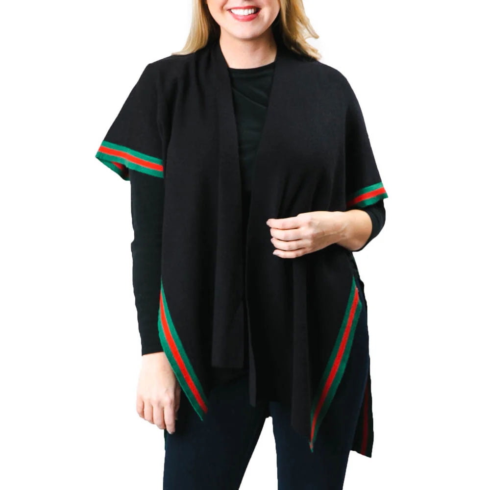 Amelia Classic Black Open-Front Poncho Wrap with Red and Green Striped ...