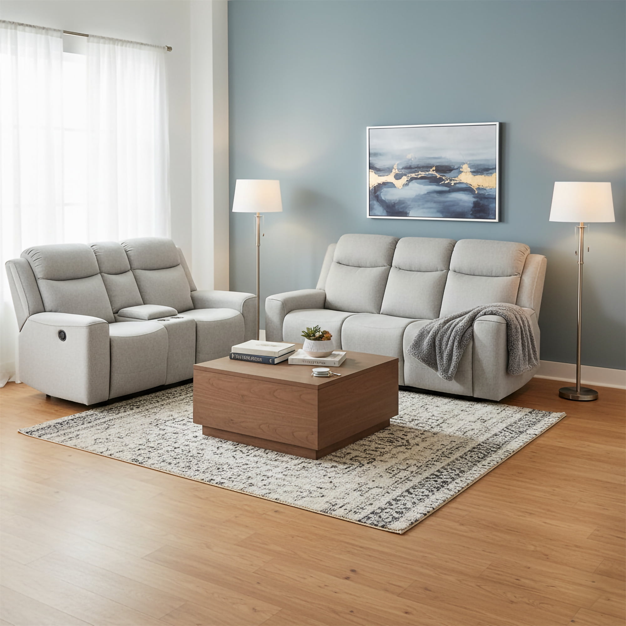 Amelia Collection Contemporary 2-Piece Upholstered Living Room Set, Dropdown Console Sofa and Loveseat with Storage Console and Cup Holders, White
