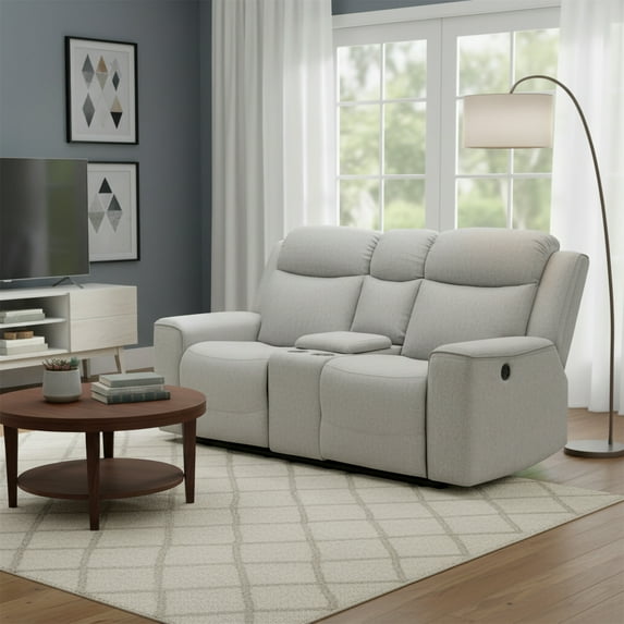 Amelia Collection Contemporary Upholstered Recliner Loveseat with Storage Console and Cup Holders, White