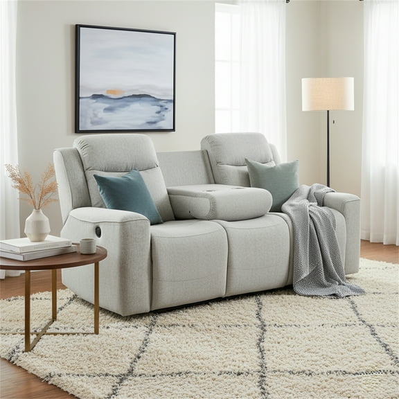 Amelia Collection Contemporary Upholstered Recliner Sofa with Dropdown Console and Cup Holders, White