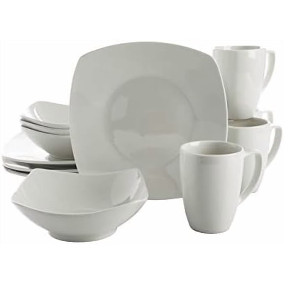 Amelia Court Porcelain Chip and Scratch Resistant Dinnerware set, Service for 4 (12pcs), White (Soft Square)