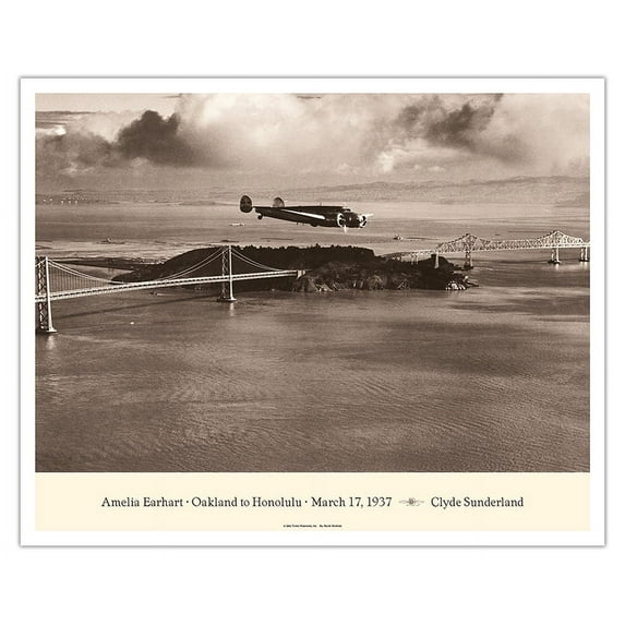 Amelia Earhart - Oakland California to Honolulu Hawaii - March 17 1937 - Lockheed Electra 10E - Vintage Aviation Poster by Clyde Sunderland - Fine Art Matte Paper Print (Unframed) 16x20in