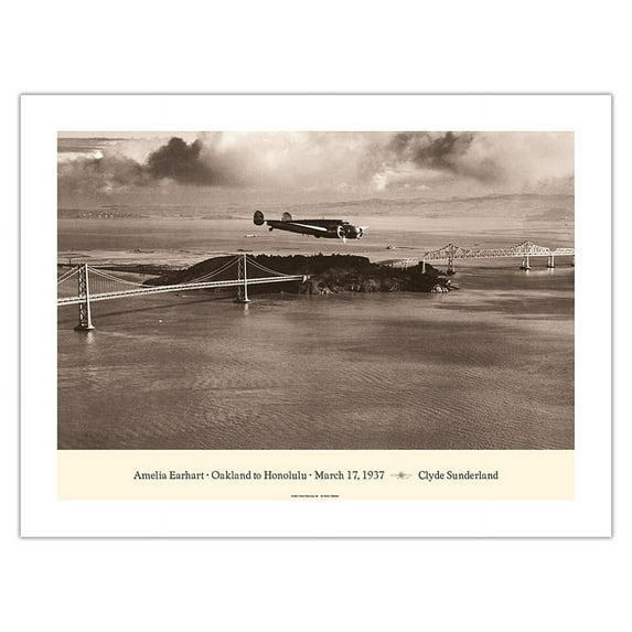 Amelia Earhart - Oakland California to Honolulu Hawaii - March 17 1937 - Lockheed Electra 10E - Vintage Aviation Poster by Clyde Sunderland - Fine Art Matte Paper Print (Unframed) 18x24in