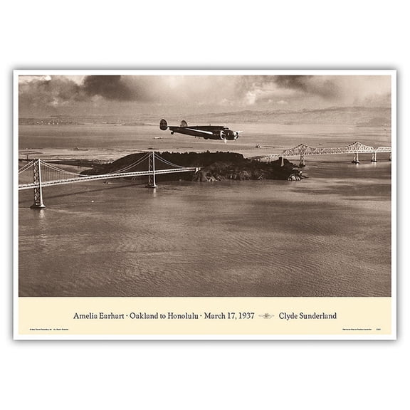Amelia Earhart - Oakland California to Honolulu Hawaii - March 17 1937 - Lockheed Electra 10E - Vintage Aviation Poster by Clyde Sunderland - Master Art Print 10in x 14in