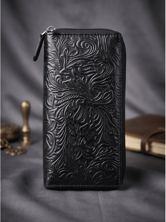 Floral Pattern RFID Blocking Traveler 7 Compartment Checkbook Cover, Black