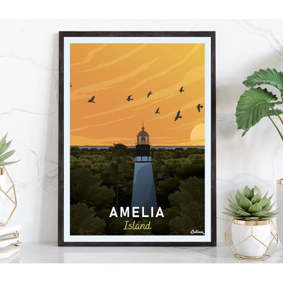 Amelia Island Lighthouse Art Print, Florida Coastal Travel Print Home Decor #1048, 16x24 UNFRAMED