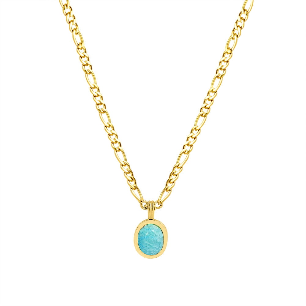 Amelia Necklace | 18K Gold Titanium Figaro Chain 16" + 2" | Real Amazonite-Tianhe Stone Pendant Hypoallergenic | RJ Designs