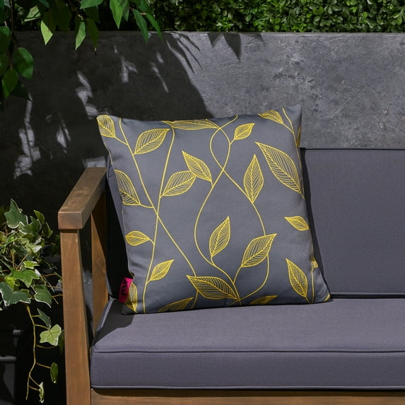 Amelia Outdoor Leaves 17.75" Water Resistant Fabric Square Cushion, Yellow, Gray