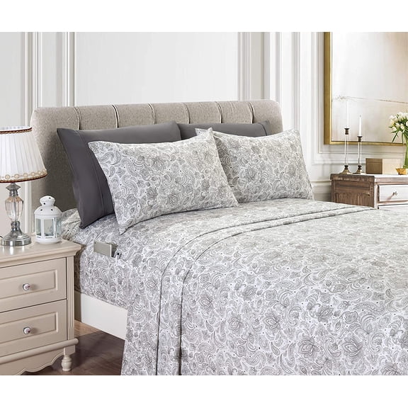 Amelia Paisley Printed 6-Piece Sheet Set, Deep Pocket 1500 Thread Count, Fade, Stain, and Wrinkle Resistant, Fitted Sheets with Smart Pockets, Paisley Sheet Set, King, Ash Gray