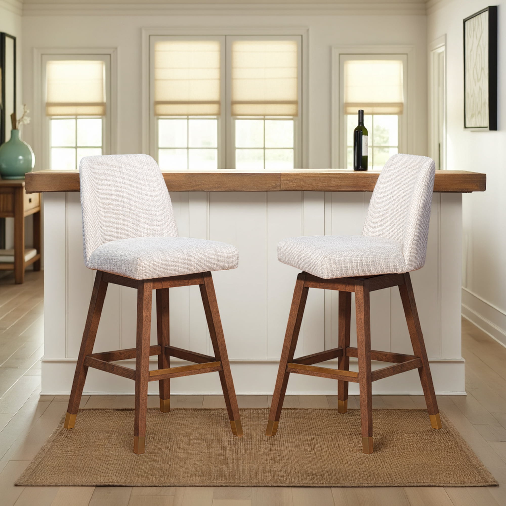 Amelia Swivel Bar Stool in Brown Oak Wood Finish with Beige Fabric - Set of 2