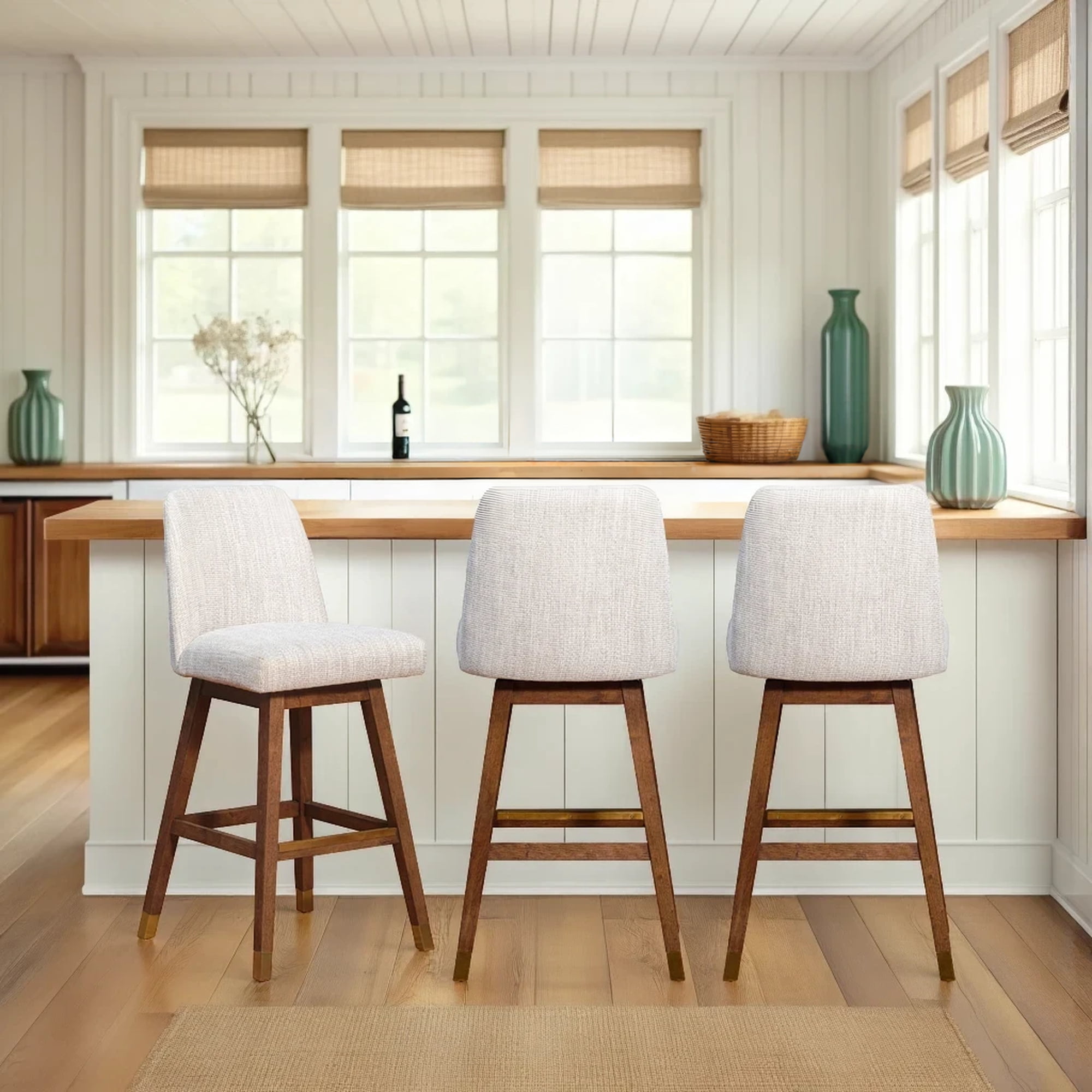 Amelia Swivel Bar Stool in Brown Oak Wood Finish with Beige Fabric - Set of 3