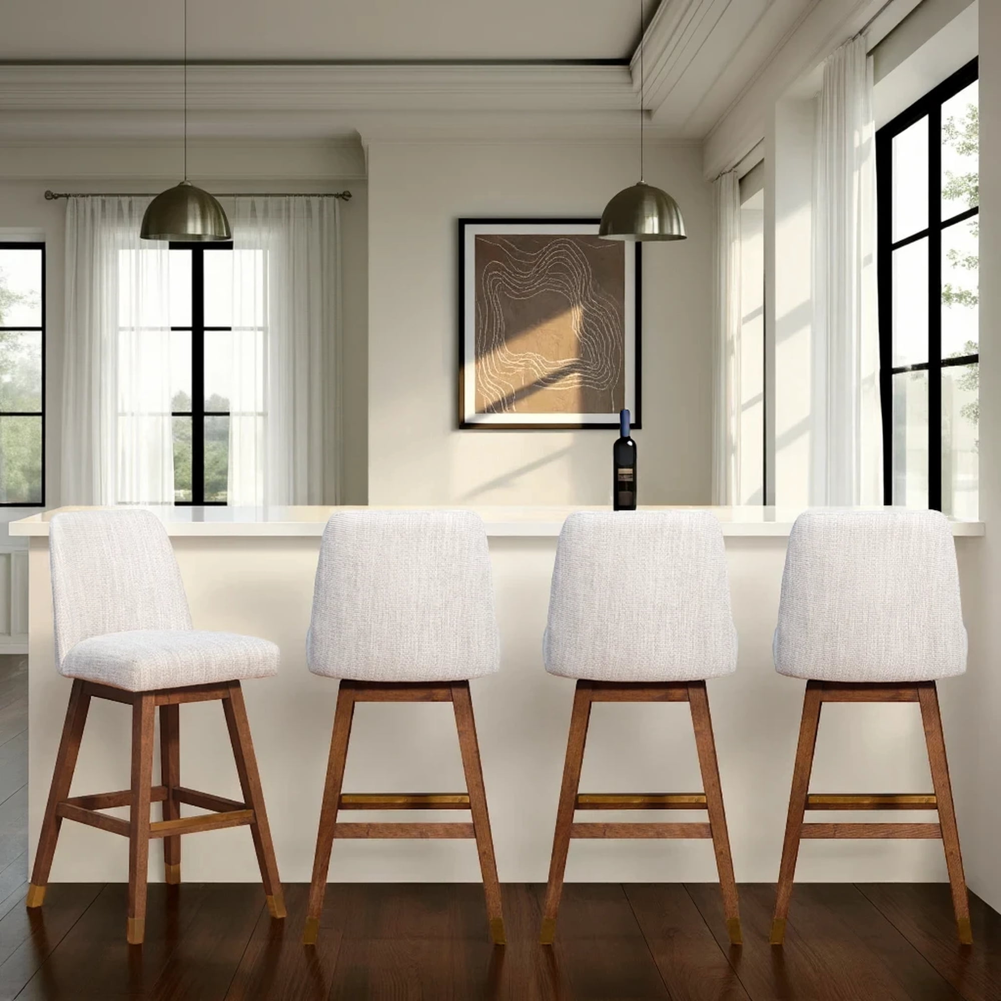 Amelia Swivel Bar Stool in Brown Oak Wood Finish with Beige Fabric - Set of 4