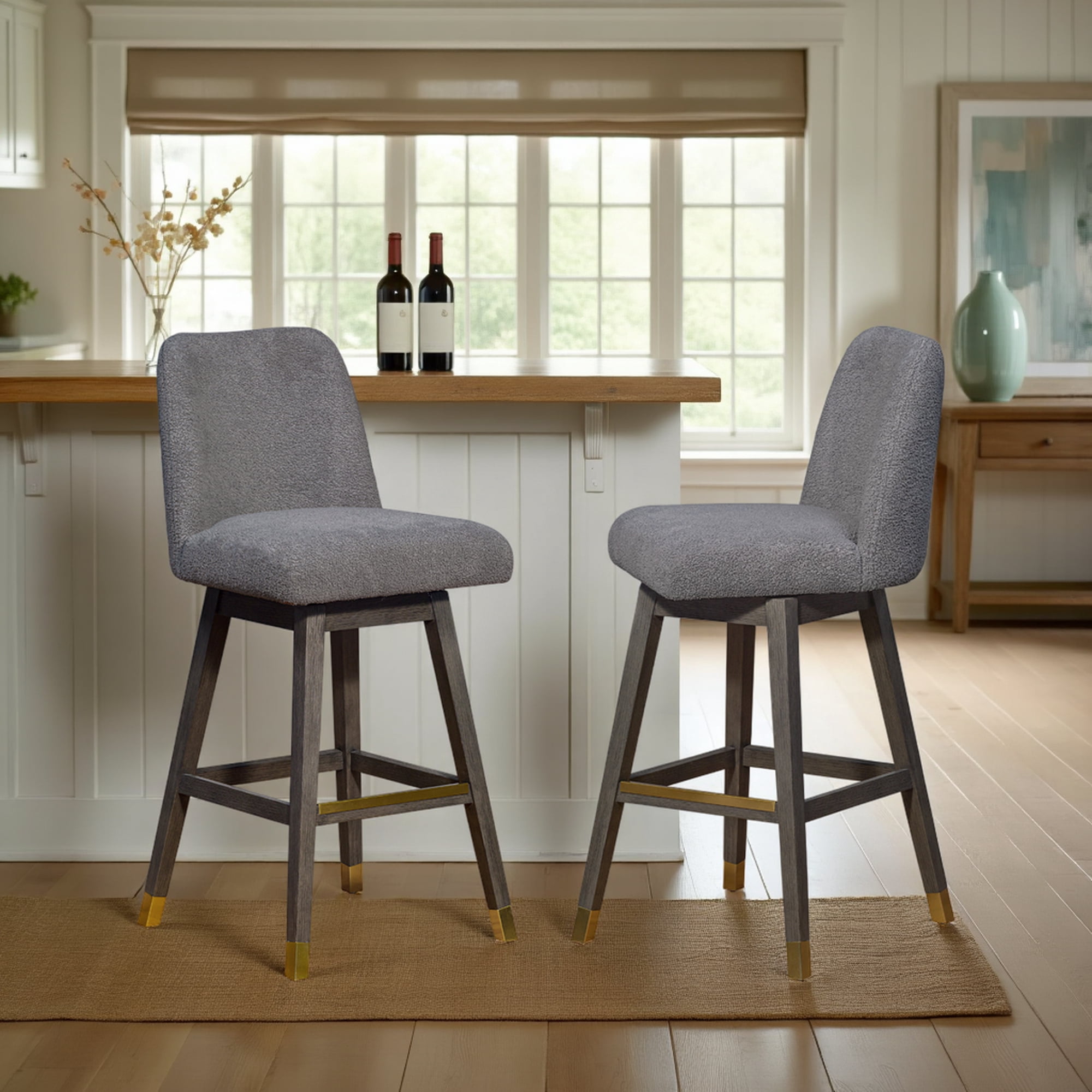 Amelia Swivel Bar Stool in Gray Oak Wood Finish with Gray Boucle Fabric - Set of 2