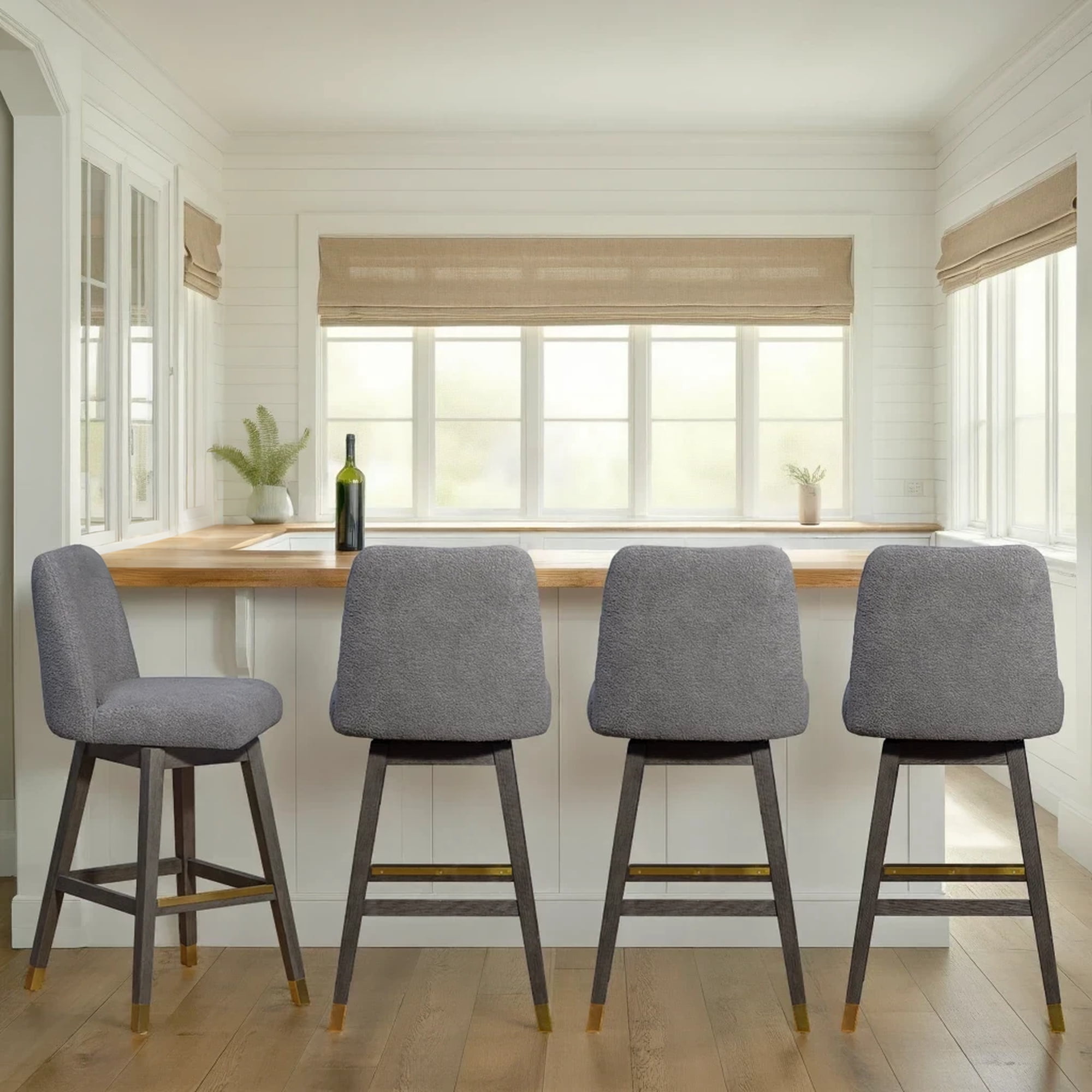 Amelia Swivel Bar Stool in Gray Oak Wood Finish with Gray Boucle Fabric - Set of 4