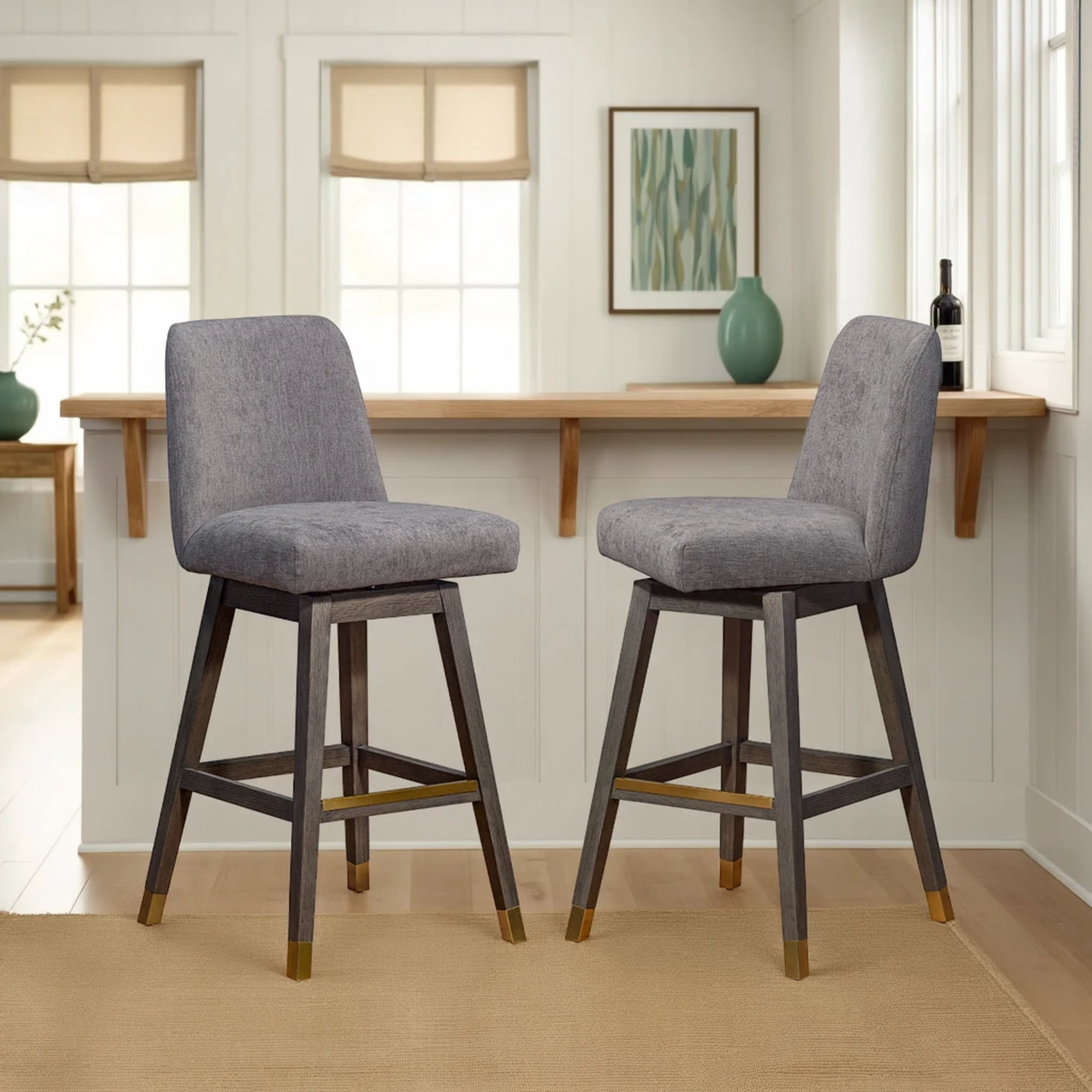 Amelia Swivel Bar Stool in Gray Oak Wood Finish with Mocha Fabric - Set of 2