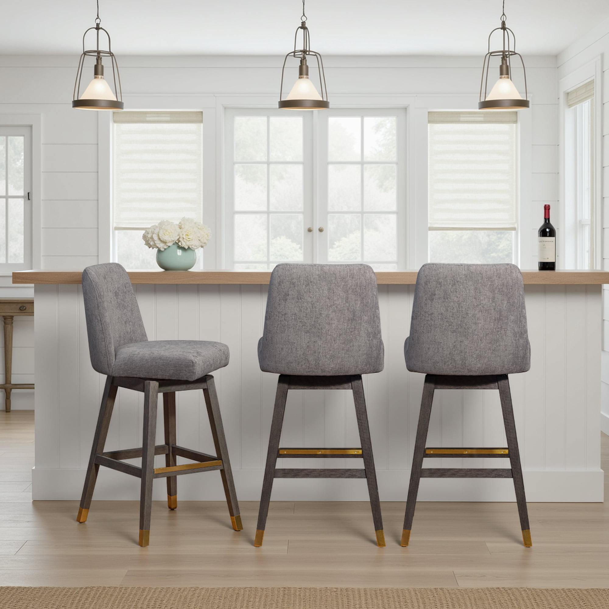 Amelia Swivel Bar Stool in Gray Oak Wood Finish with Mocha Fabric - Set of 3
