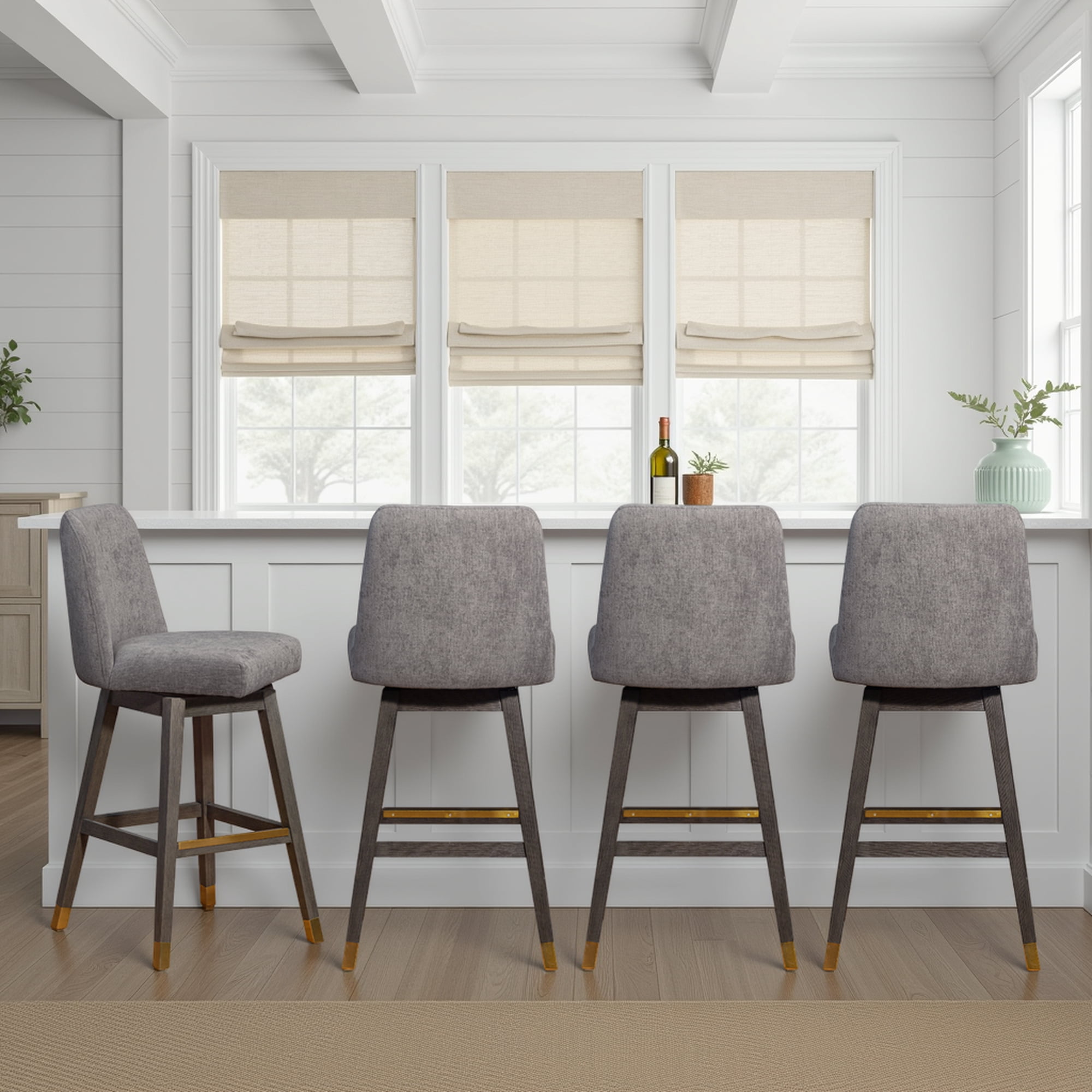 Amelia Swivel Bar Stool in Gray Oak Wood Finish with Mocha Fabric - Set of 4
