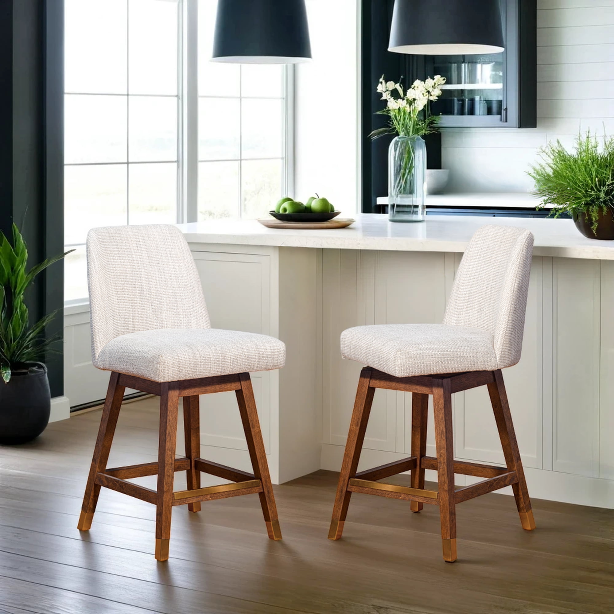 Amelia Swivel Counter Stool in Brown Oak Wood Finish with Beige Fabric - Set of 2
