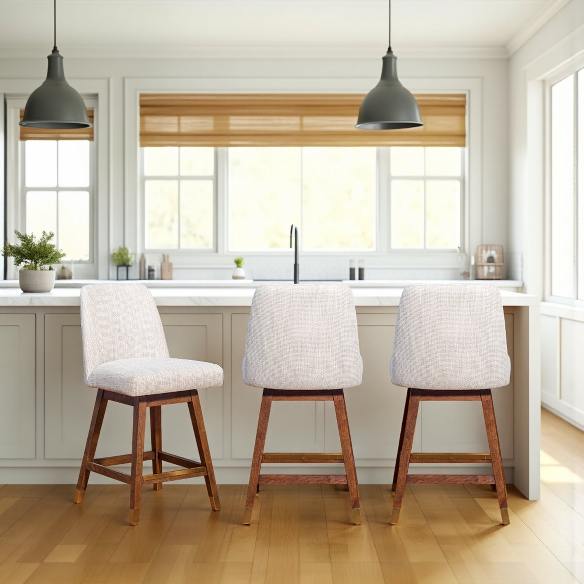Amelia Swivel Counter Stool in Brown Oak Wood Finish with Beige Fabric - Set of 3
