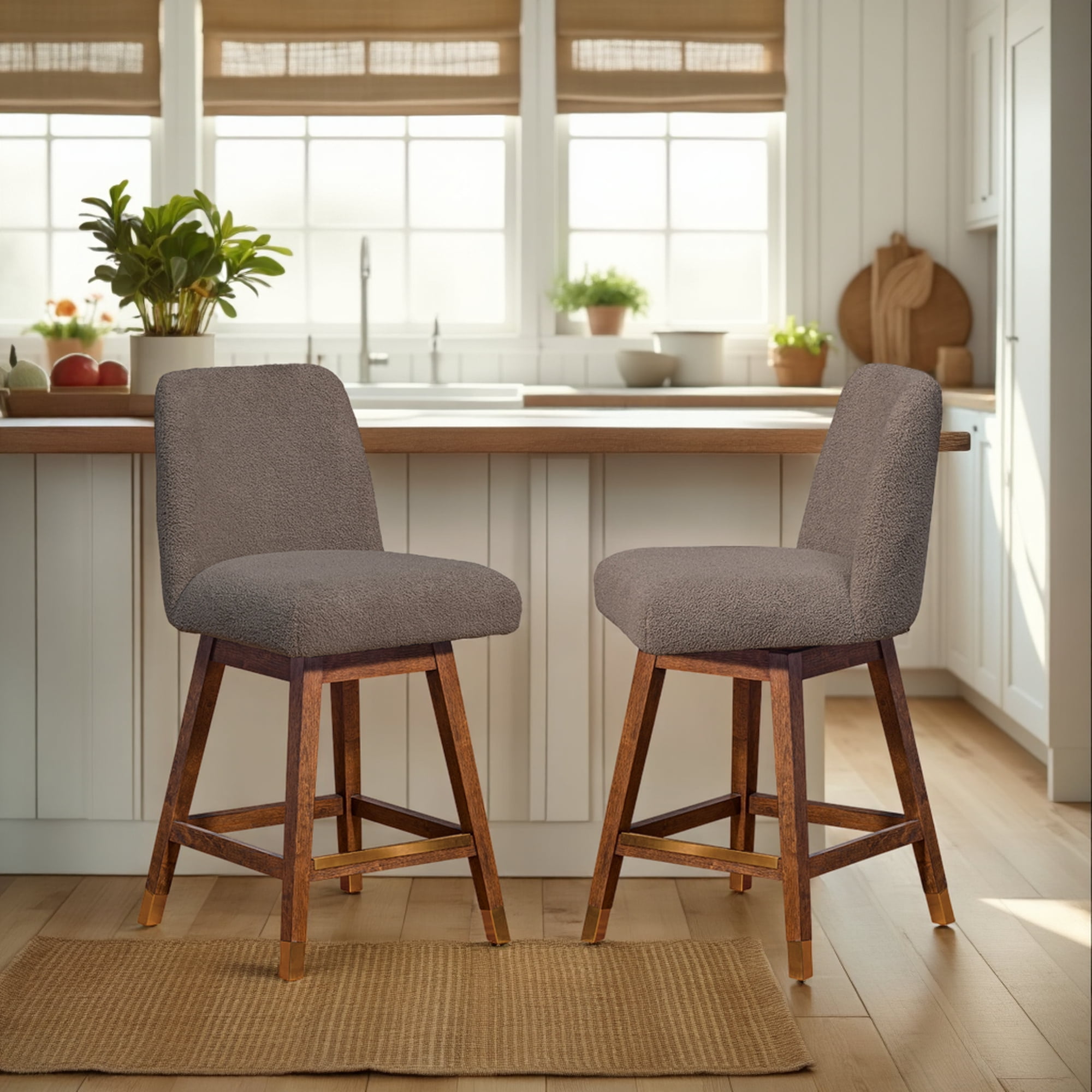 Amelia Swivel Counter Stool in Brown Oak Wood Finish with Taupe Boucle Fabric - Set of 2