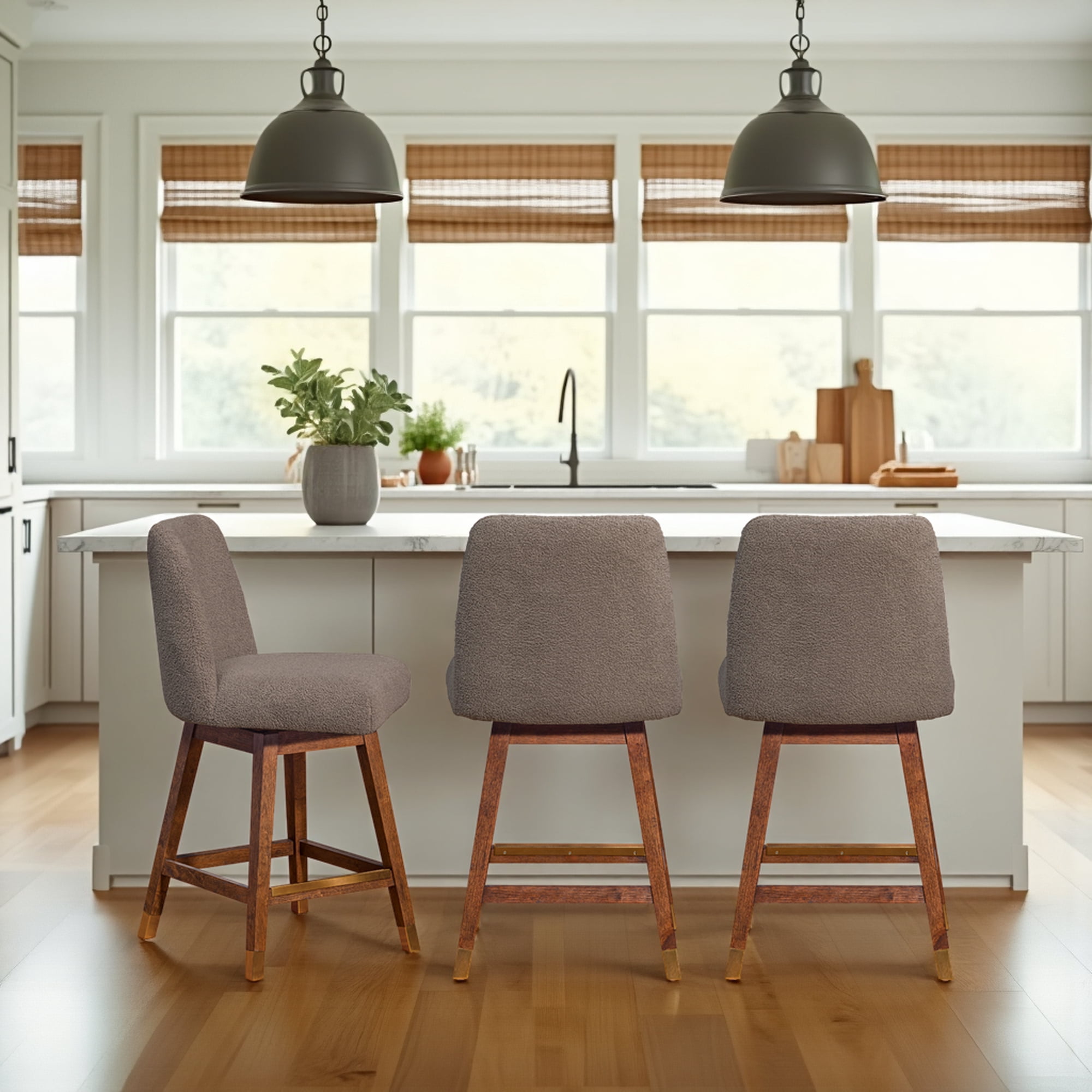 Amelia Swivel Counter Stool in Brown Oak Wood Finish with Taupe Boucle Fabric - Set of 3