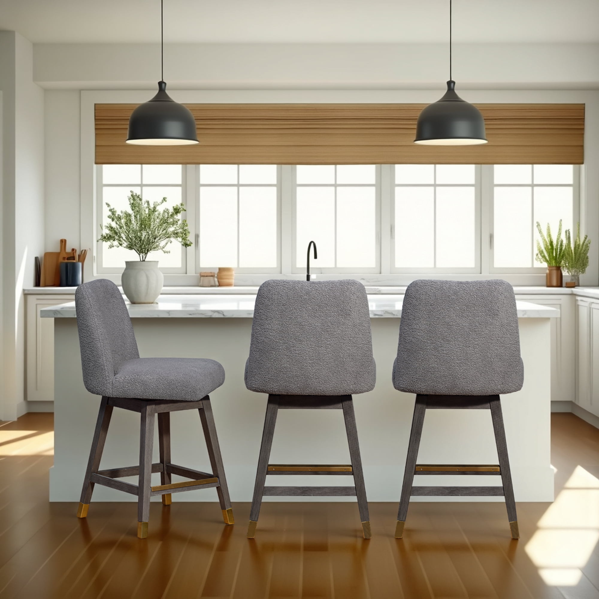 Amelia Swivel Counter Stool in Gray Oak Wood Finish with Gray Boucle Fabric - Set of 3