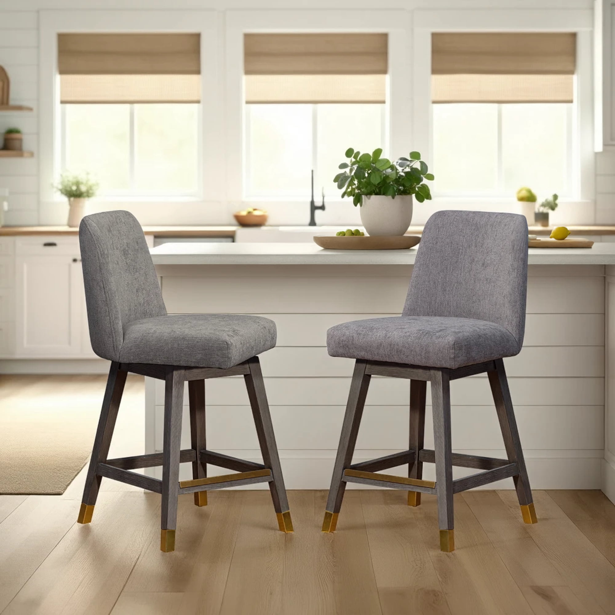 Amelia Swivel Counter Stool in Gray Oak Wood Finish with Mocha Fabric - Set of 2