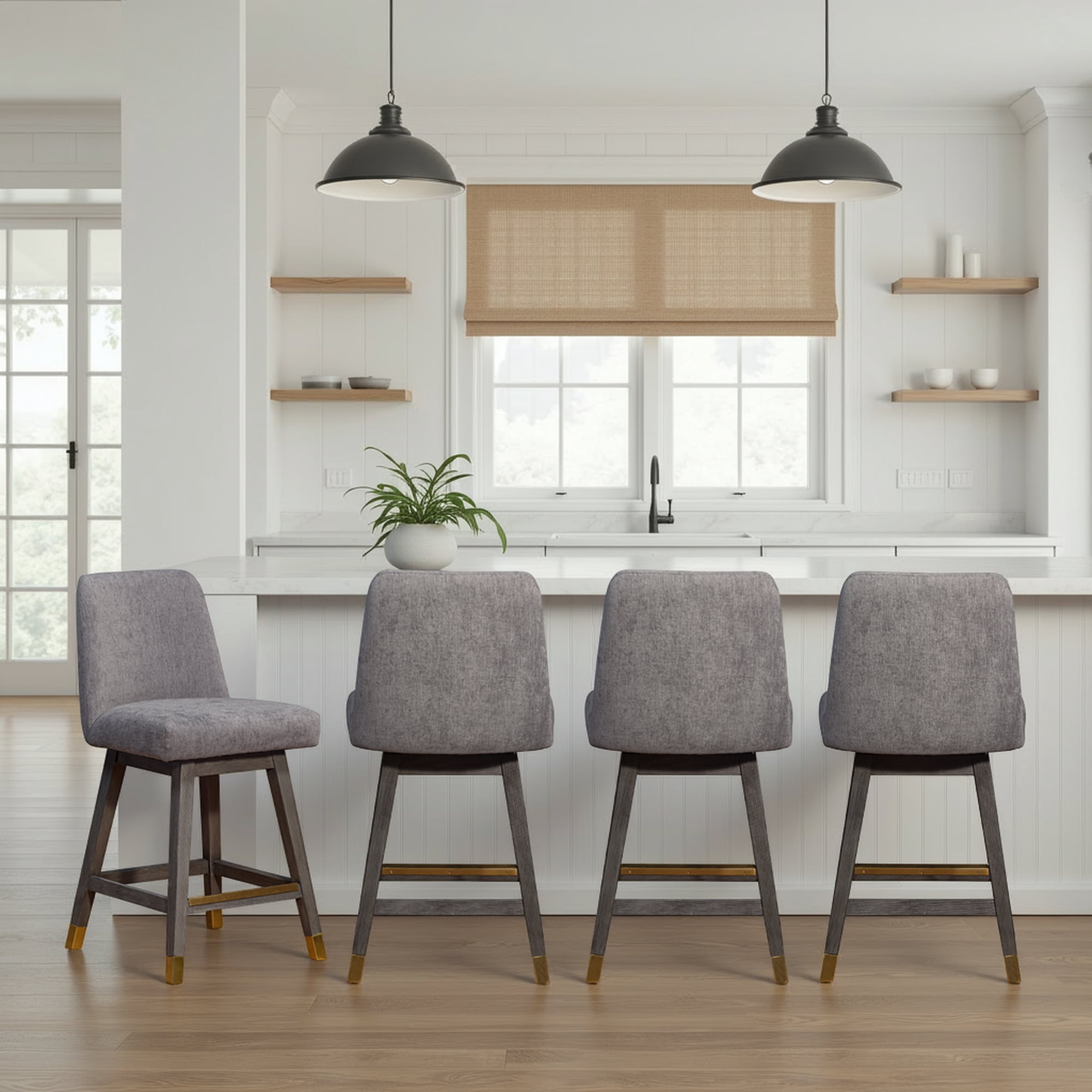 Amelia Swivel Counter Stool in Gray Oak Wood Finish with Mocha Fabric - Set of 4