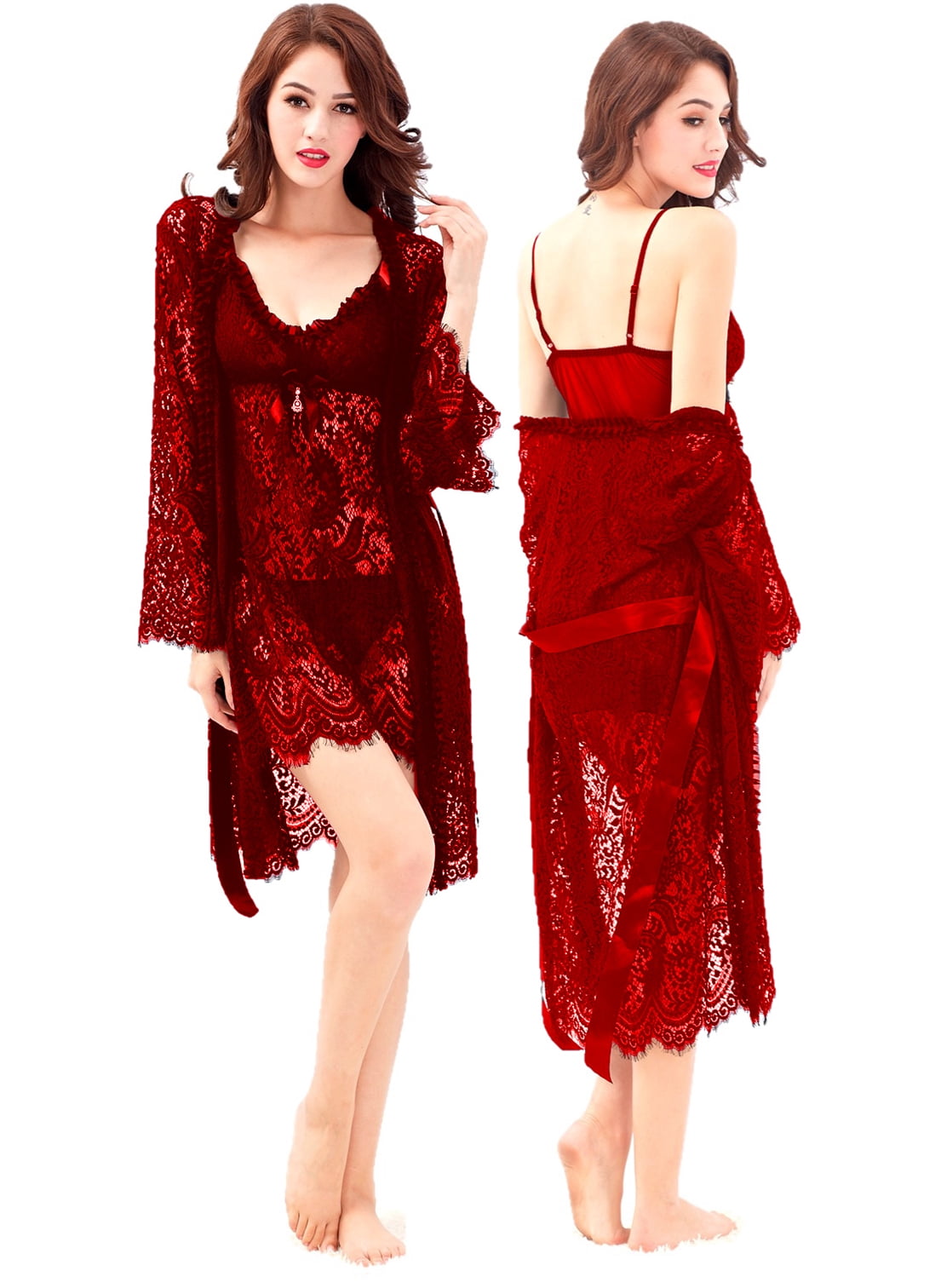 Amelia Women's Lingerie Baby Doll Kimono Lace Nightgown Robe G-String 3 Piece Set