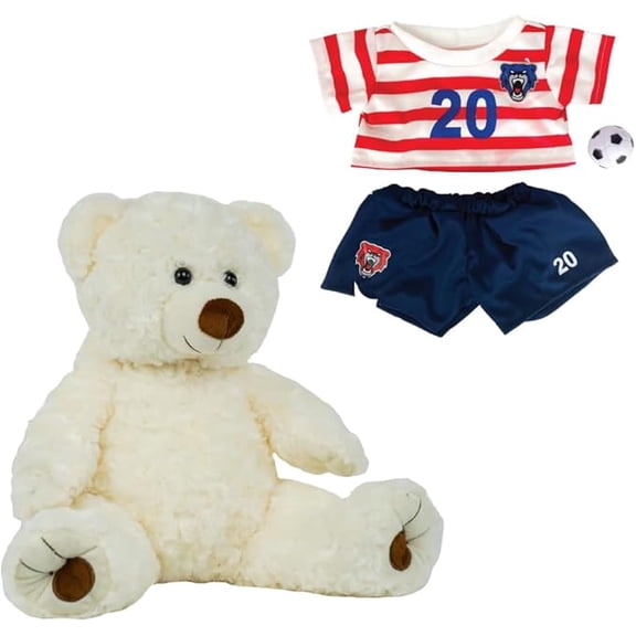 Amelia the White Twist Bear (Eco) with Red Soccer Set 16-Inch Cuddly Plush Toy for Sports Fans