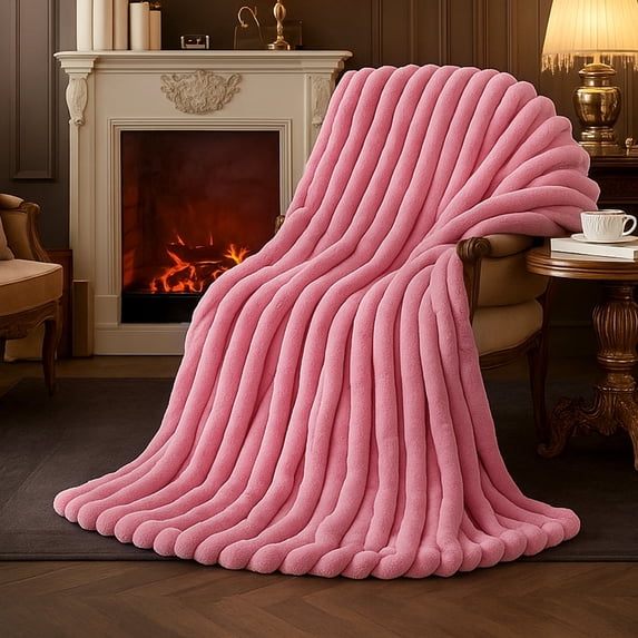 Amelie Home Faux Fur Throw Blanket – Soft Fluffy Striped Plush for Couch or Bed