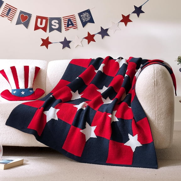 Amelie Home Patriultra Soft Knit Chenille Throw Blanket - Red White Blue Starsn Flag Pattern Cozy Blankets For Couch 4th Of July Memorial Independence Day Gifts 50"x60" Red&blue