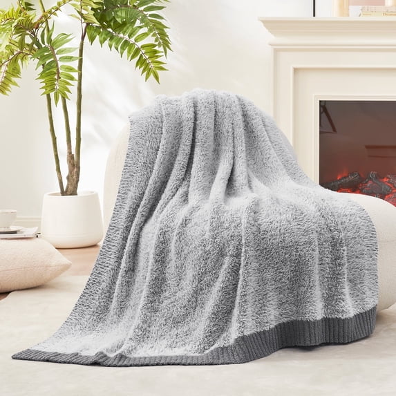 Amelie Home Reversible Soft Knit Throw – Plush Feather Yarn Blanket for Couch, Heather Gray 50"x60"