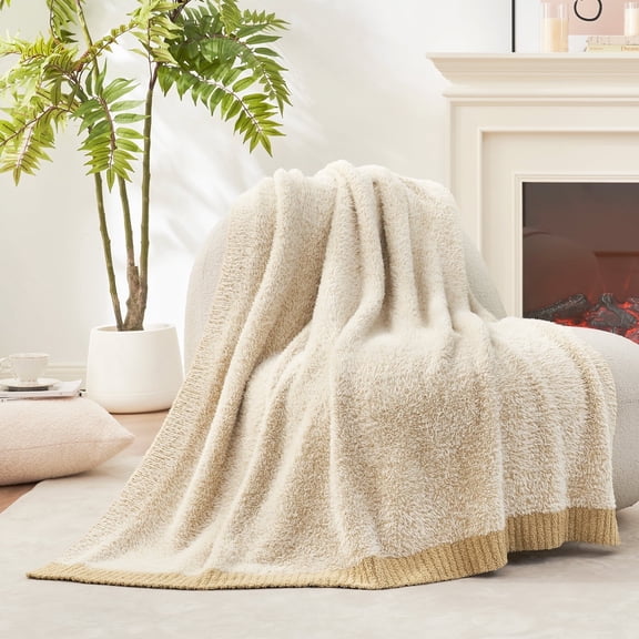 Amelie Home Reversible Soft Knit Throw – Plush Feather Yarn Blanket for Couch, Heather Ivory 50"x60"